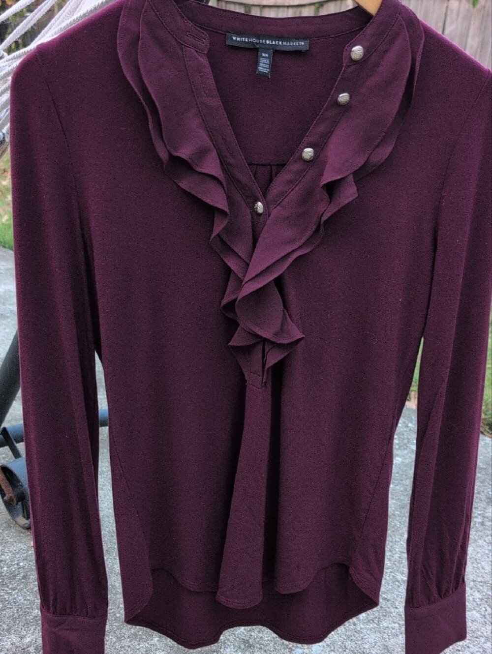 White House Black Market XS Burgundy/Plum Ruffle Neck Metallic Button Blouse